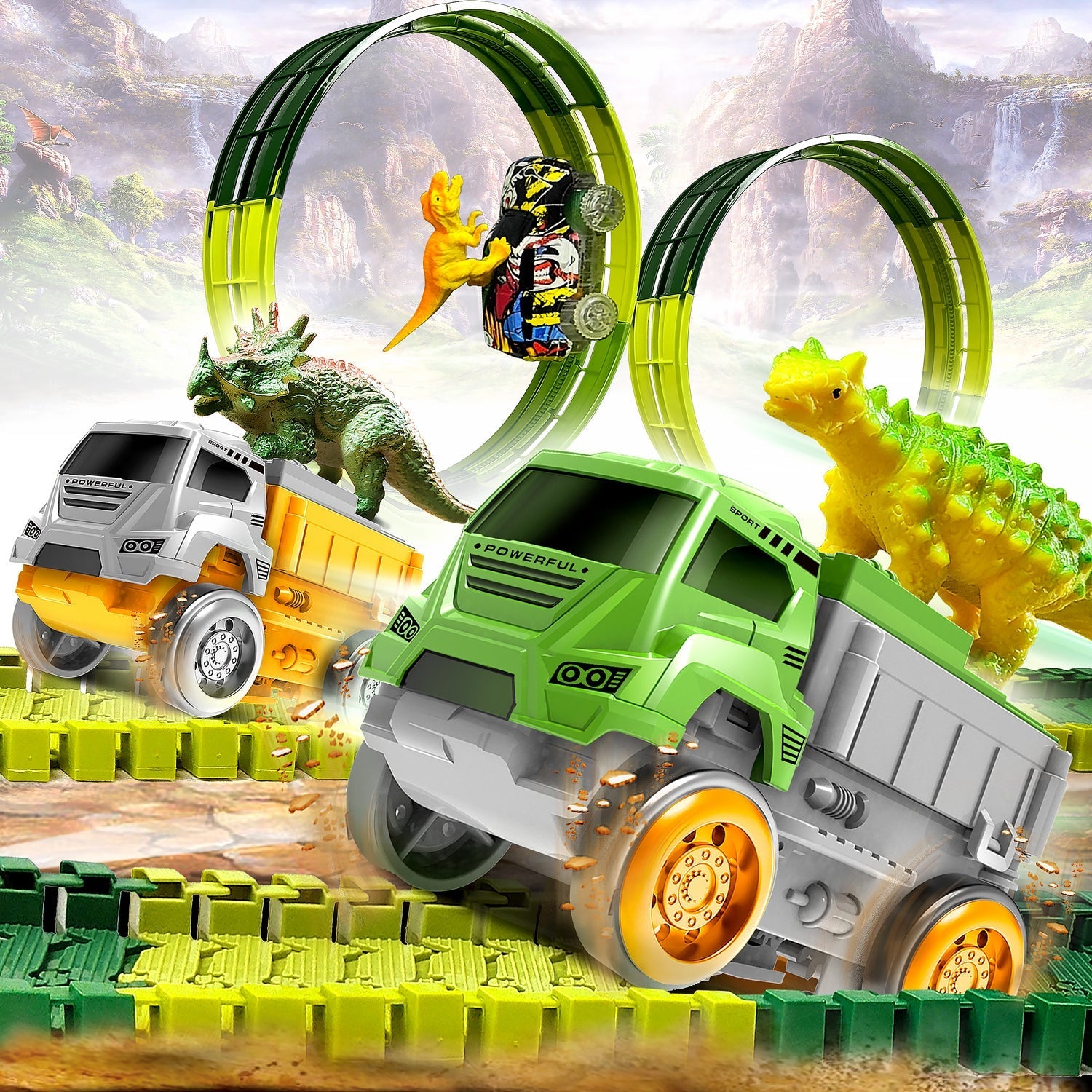 Pista Elétrica Infantil com Dinossauros – Brinquedo Educativo de Montar com Carros, Loopings e Acessórios Interativos,